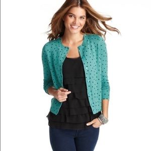 LOFT turqouise cardigan with navy hearts